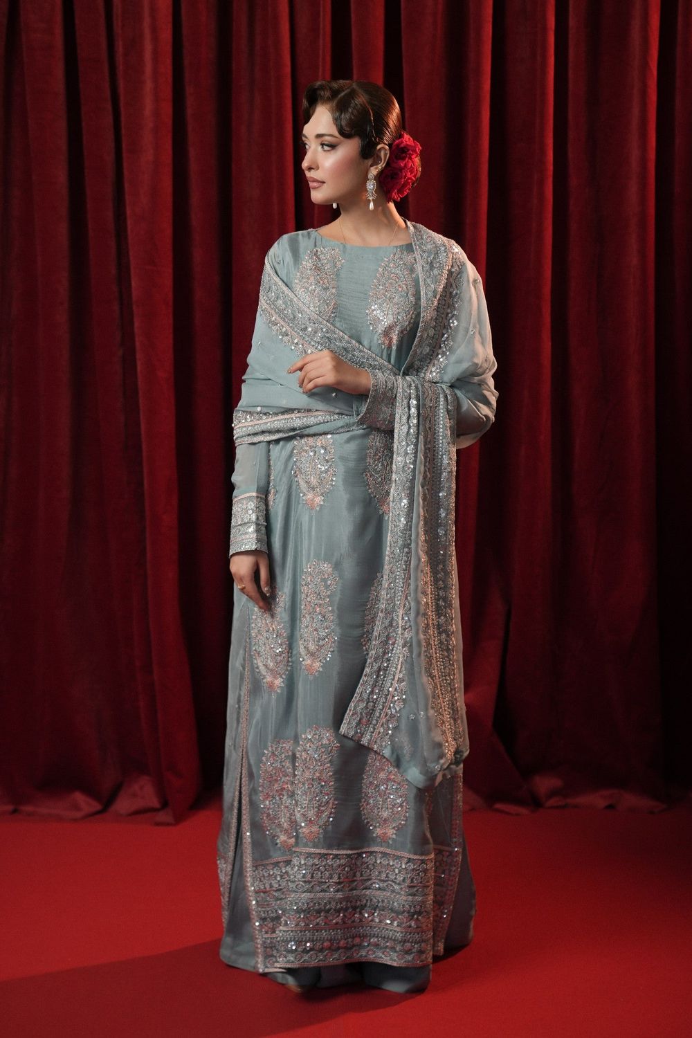 Ice Blue Silver Tilla Embroidered Silk Sharara Suit Online in Dubai UAE Abudhabi Ajman Sharjah