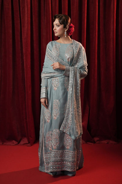 Ice Blue Silver Tilla Embroidered Silk Sharara Suit Online in Dubai UAE Abudhabi Ajman Sharjah
