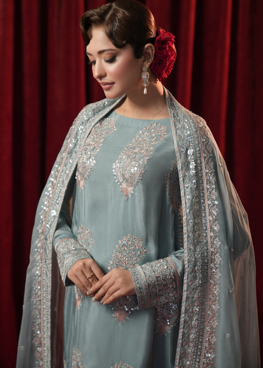 Ice Blue Silver Tilla Work Silk Salwar Suit Online in Dubai DXB UAE Abudhabi Meena Bazaar