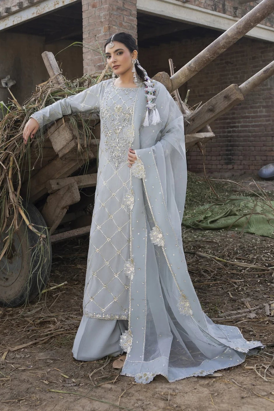 Ice Blue Embroidered Raw Silk Suit