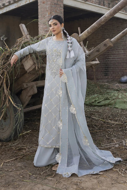 Ice Blue Embroidered Raw Silk Suit