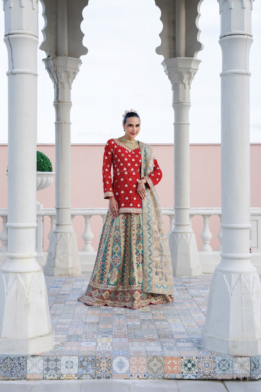 Imperial Red Hand-Embellished Chiffon Lehenga Suit Online in Dubai UAE Abudhabi Ajman Sharjah