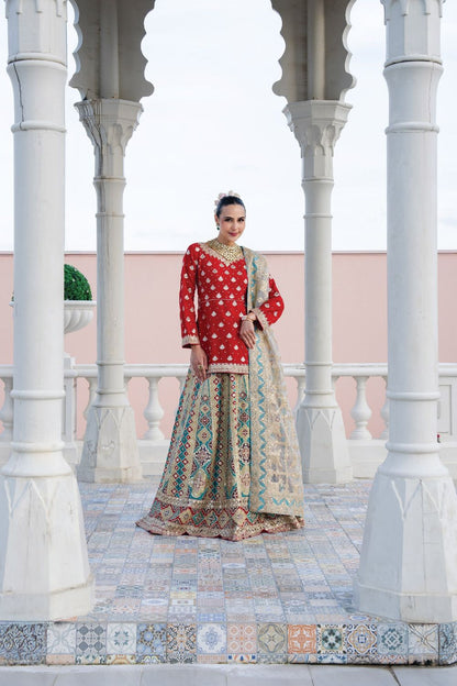 Imperial Red Hand-Embellished Chiffon Lehenga Suit Online in Dubai UAE Abudhabi Ajman Sharjah