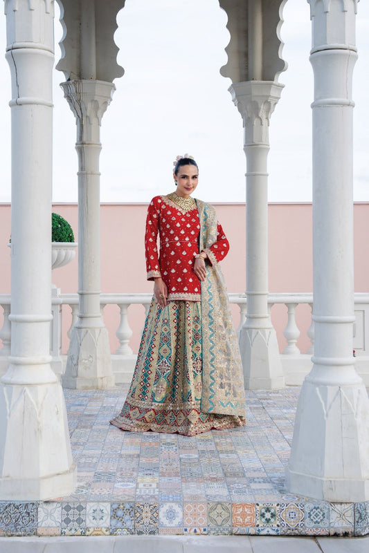 Imperial Red Hand-Embellished Chiffon Lehenga Suit Online in Dubai UAE Abudhabi Ajman Sharjah