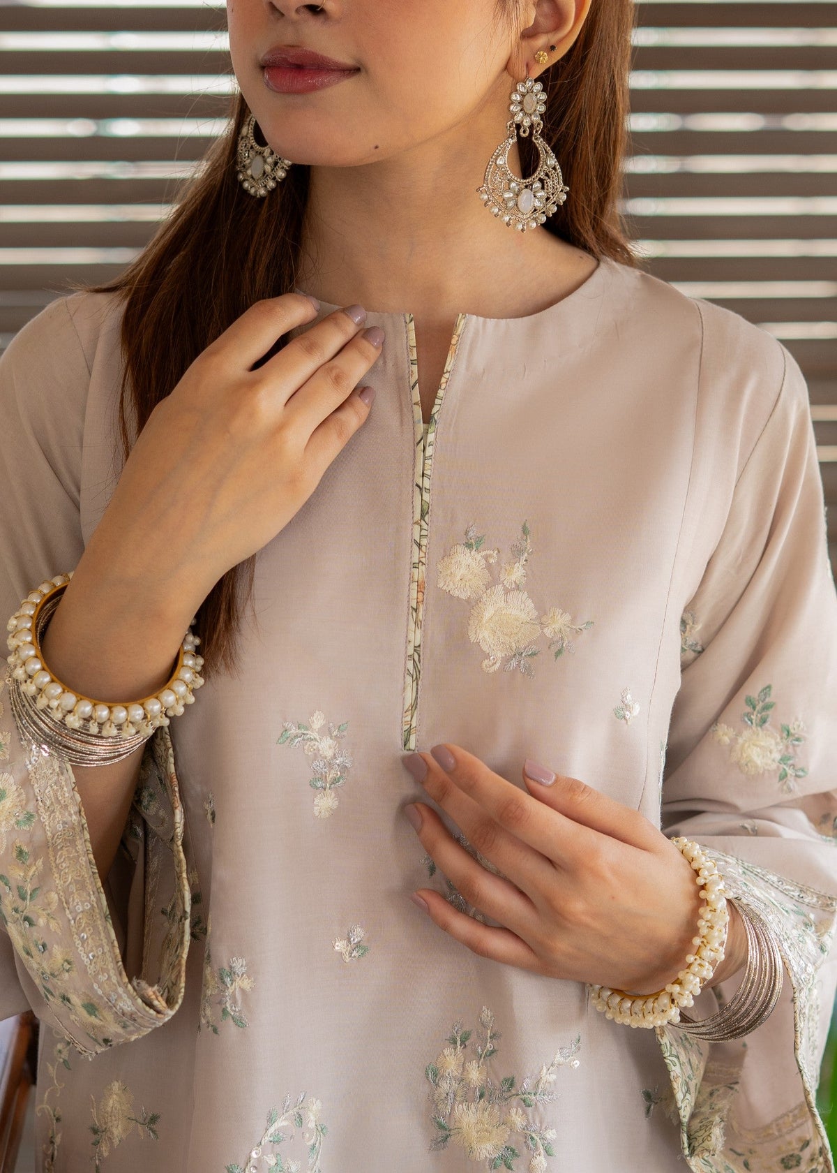 Beige Embroidered Farshi Shalwar Lawn Kurta Set Online in KSA Riyadh Saudi Arabia Oman Bahrain Qatar