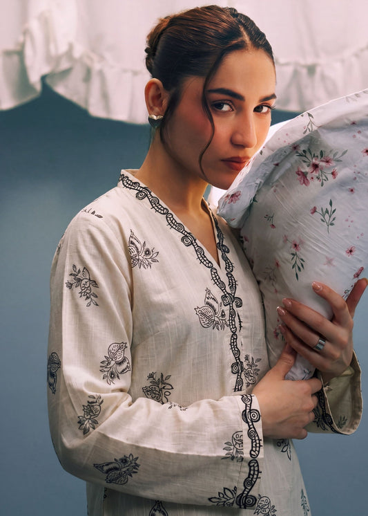 Beige Embroidered Khaddar Kurta Set Online in Dubai DXB UAE Abudhabi Meena Bazaar