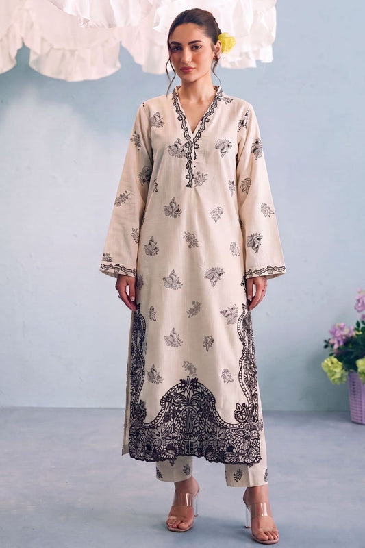 Beige Embroidered Khaddar Kurta Set Online in Dubai UAE Abudhabi Ajman Sharjah