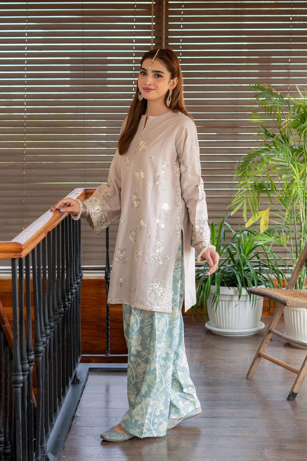 Beige Embroidered Lawn Farshi Shalwar Kurta Set Online in Dubai UAE Abudhabi Ajman Sharjah