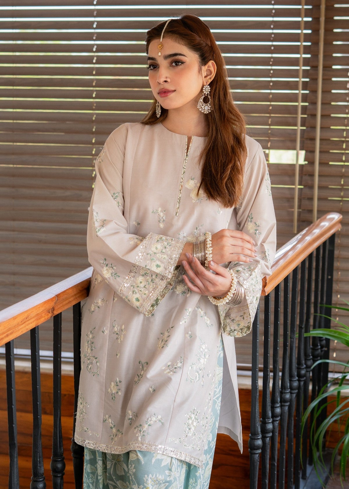 Beige Lawn Embroidered Farshi Shalwar Kurta Set Online in Dubai UAE Abudhabi Ajman Sharjah