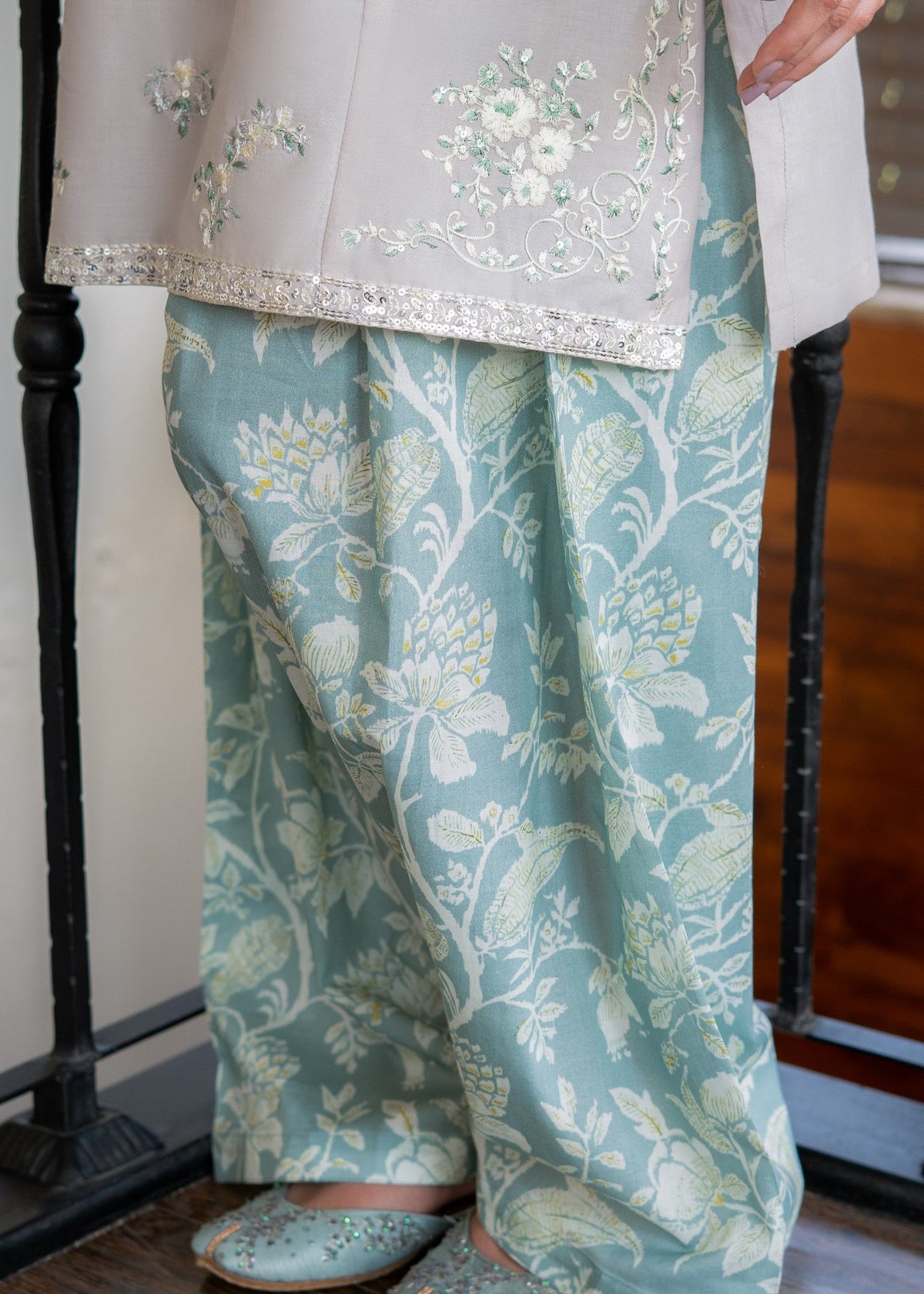 Beige Lawn Farshi Shalwar Kurta Set with Embroidery Online in UK USA Canada
