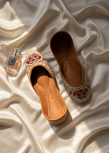 Beige Leather Wedding Khussa with Pearls Online in UK USA Canada