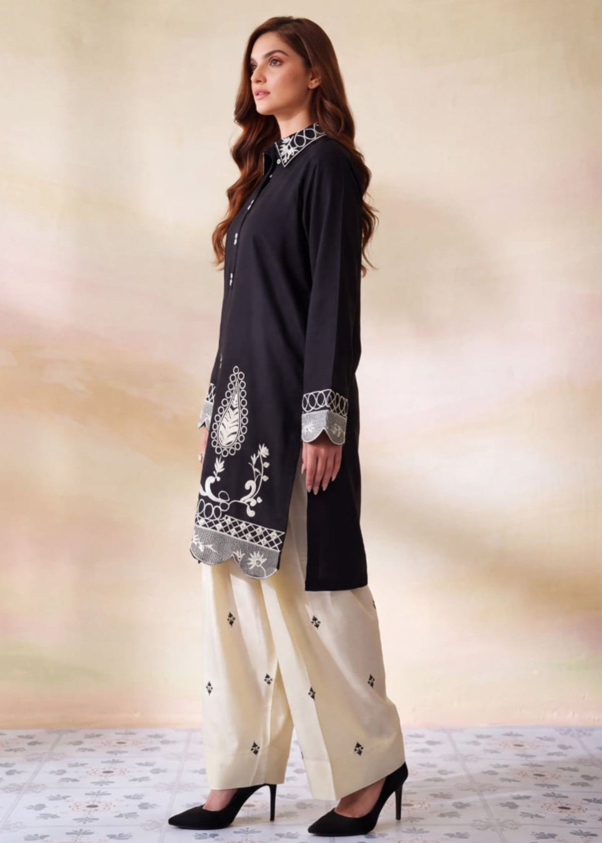 Black Embroidered Dhanak Kurta Set Online in Dubai DXB UAE Abudhabi Meena Bazaar