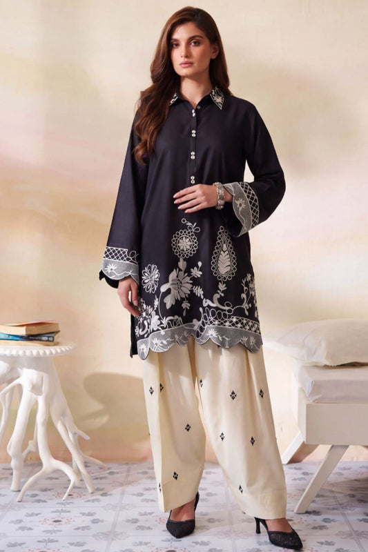 Black Embroidered Dhanak Kurta Set Online in Dubai UAE Abudhabi Ajman Sharjah