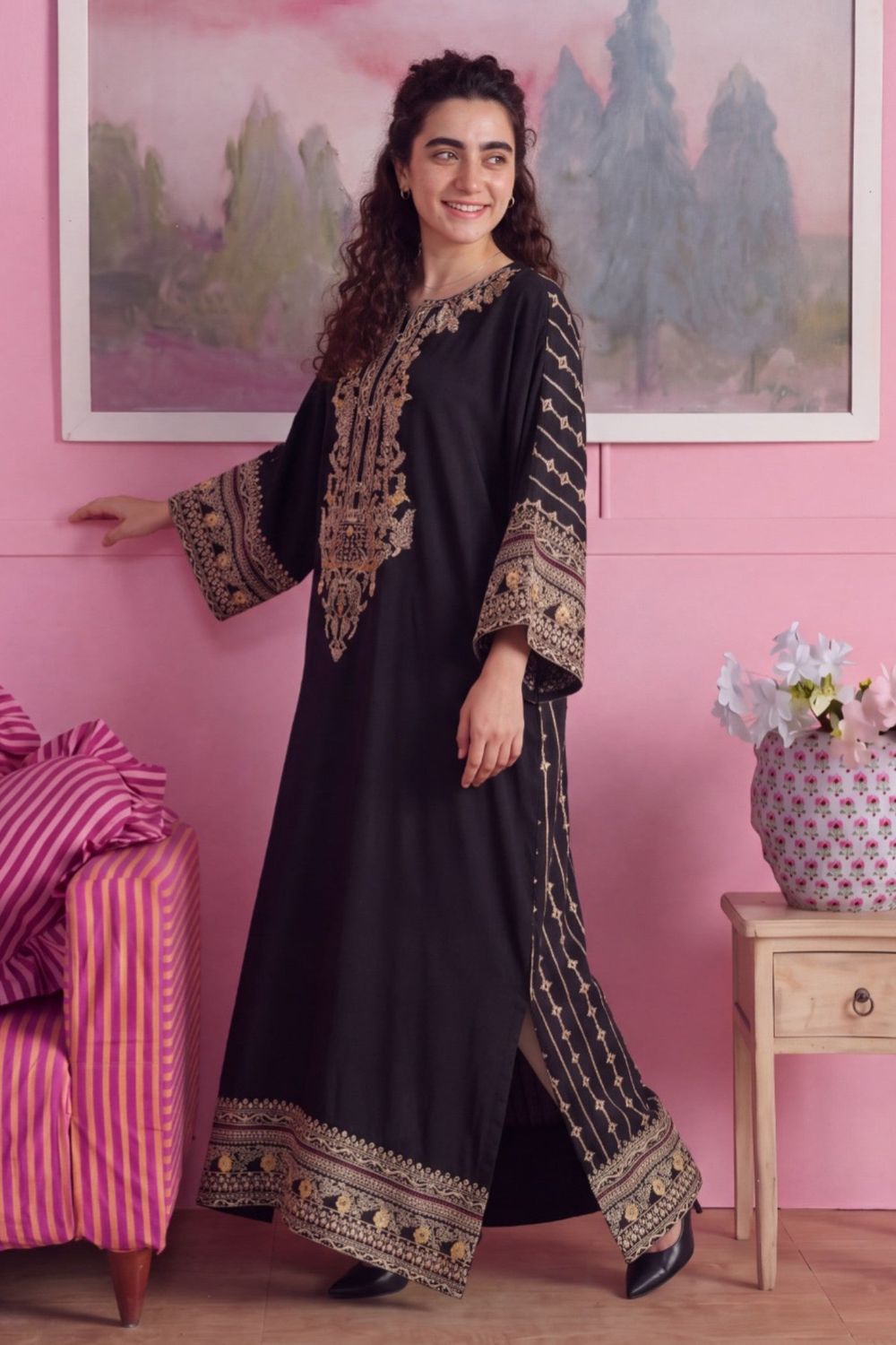 Black Embroidered Linen Kaftan Online in Dubai UAE Abudhabi Ajman Sharjah