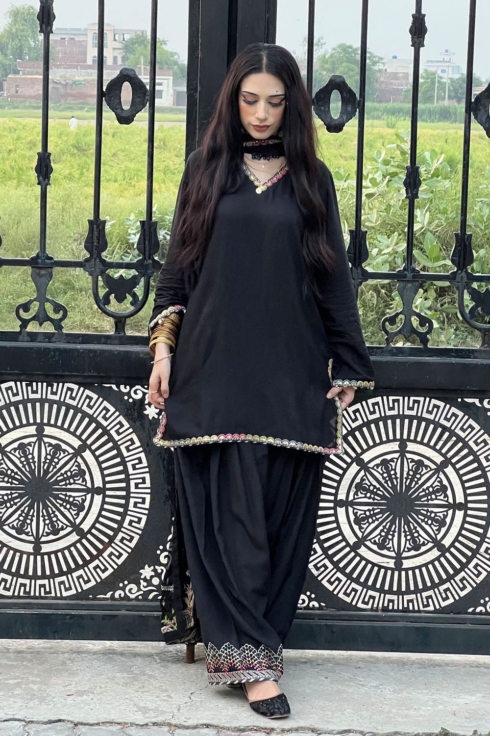 Black Embroidered Raw Silk Farshi Shalwar Online in Dubai UAE Abudhabi Ajman Sharjah
