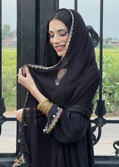 Black Embroidered Raw Silk Partywear Suit Online in KSA Riyadh Saudi Arabia Oman Bahrain Qatar