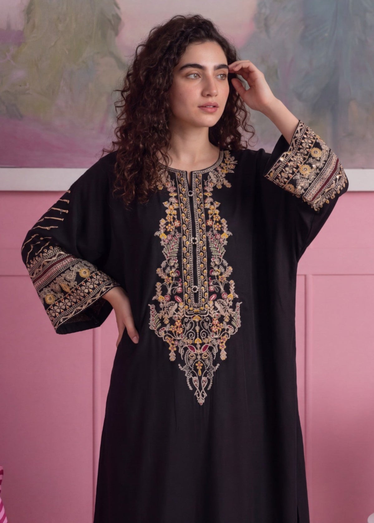 Black Linen Kaftan Daily Wear Online in Dubai UAE Abudhabi Ajman Sharjah
