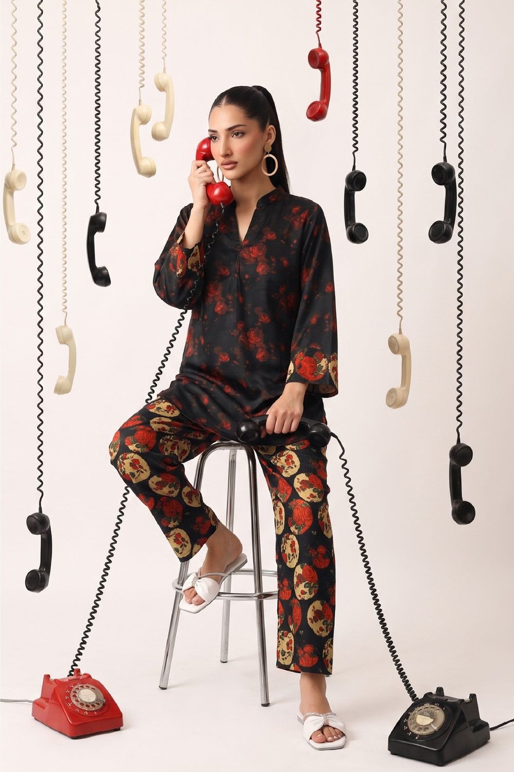 Black Printed Slub Lawn Kurta Set Online in Dubai UAE Abudhabi Ajman Sharjah