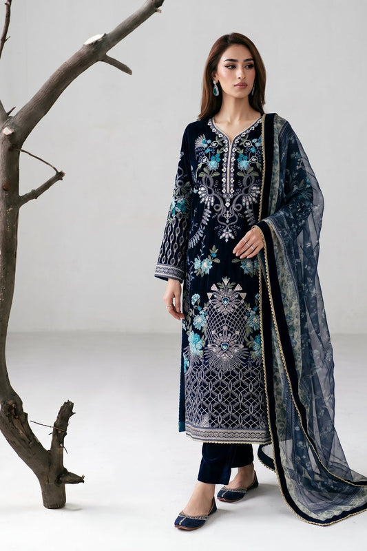 Blue Embellished Velvet Pakistani Suit Online in Dubai UAE Abudhabi Ajman Sharjah