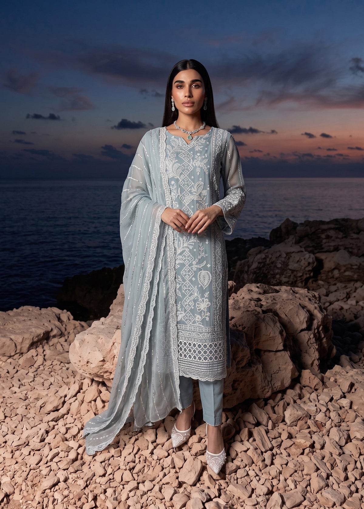 Buy Ice Blue Embroidered Pakistani Suit Online in Dubai DXB UAE Abudhabi Meena Bazaar