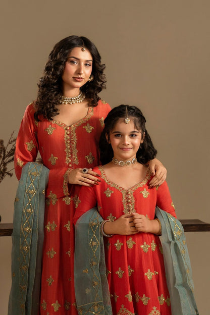 Coral Pink Embroidered Silk Pishwas Lehenga Online in Dubai UAE Abudhabi Ajman Sharjah
