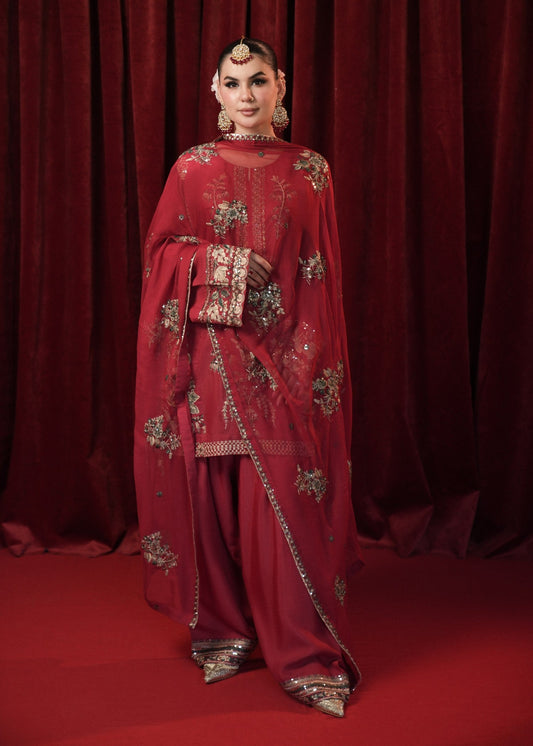 Deep Red Raw Silk Salwar Kameez with Gold Embroidery Online in KSA Riyadh Saudi Arabia Oman Bahrain Qatar