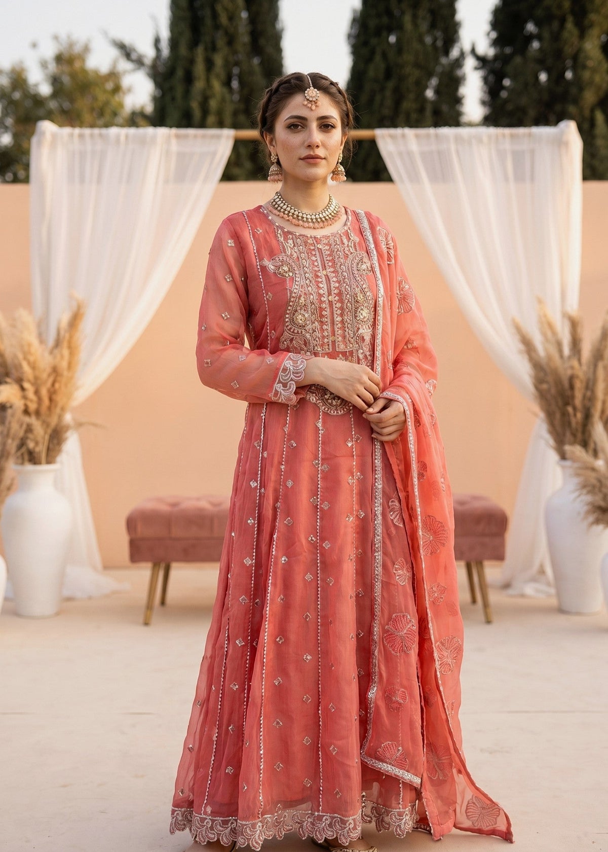 Designer Peach Pink Chiffon Salwar Suit Online in KSA Riyadh Saudi Arabia Oman Bahrain Qatar