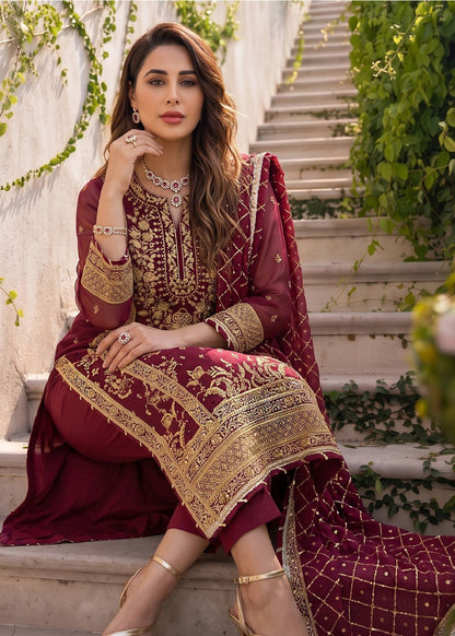 Designer Red Chiffon Salwar Kameez Partywear Online in KSA Riyadh Saudi Arabia Oman Bahrain Qatar