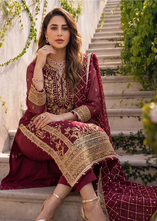 Designer Red Chiffon Salwar Kameez Partywear Online in KSA Riyadh Saudi Arabia Oman Bahrain Qatar