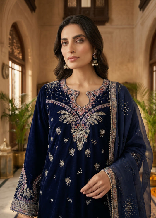 Embroidered Navy Blue Velvet Designer Salwar Kameez Online in UK USA Canada