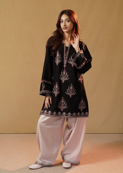 Embroidered Neckline Black Slub Khaddar Kurta Set Online in Dubai UAE Abudhabi Ajman Sharjah