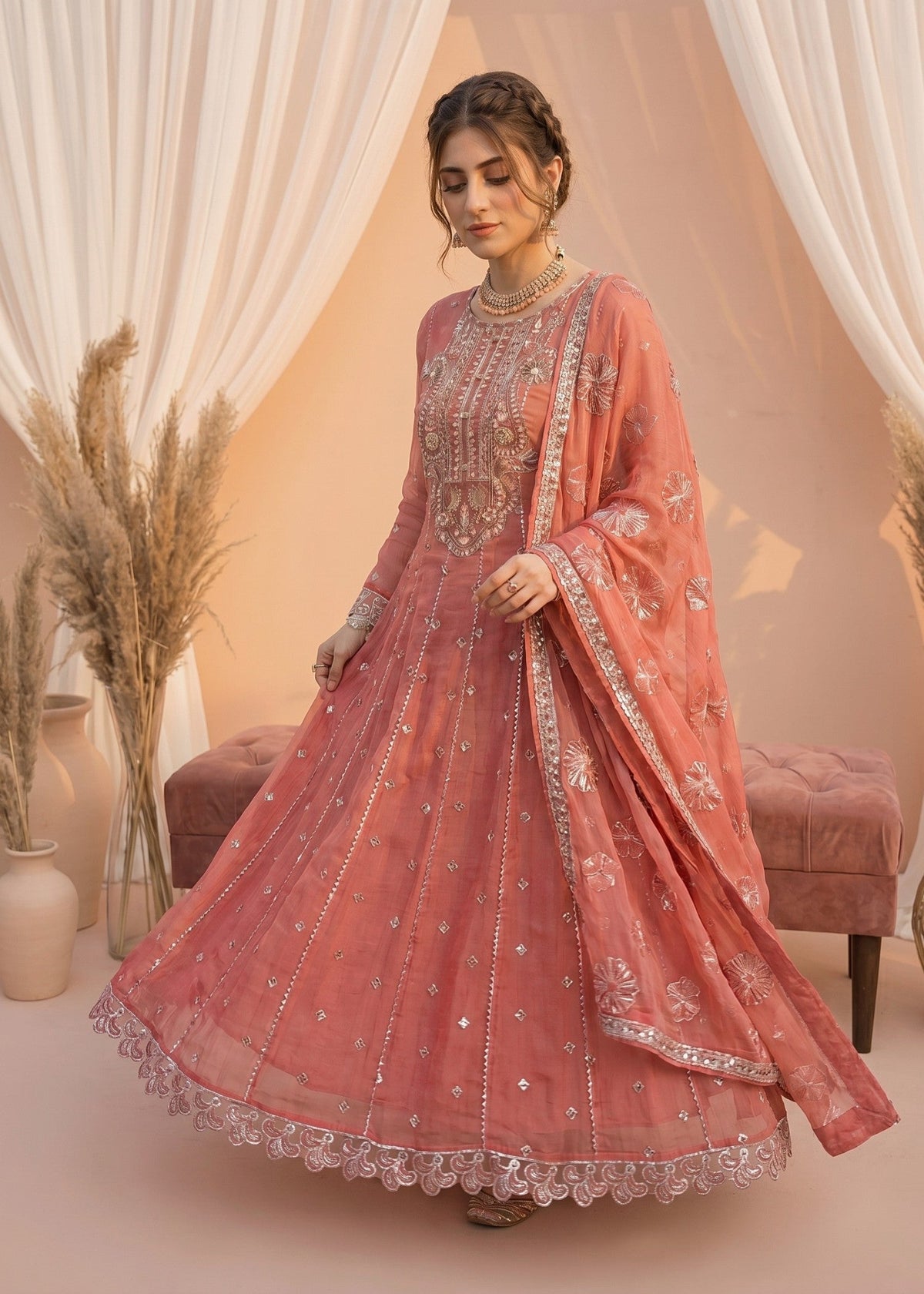 Embroidered Peach Pink Chiffon Pakistani Suit Online in Dubai DXB UAE Abudhabi Meena Bazaar