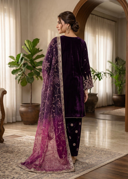 Embroidered Plum Velvet Pakistani Designer Suit Online in Dubai DXB UAE Abudhabi Meena Bazaar