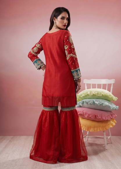 Festive Embroidered Rust Red Gharara Online in KSA Riyadh Saudi Arabia Oman Bahrain Qatar