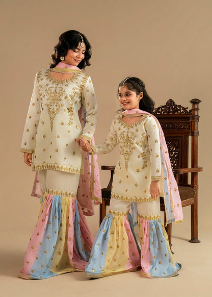 Festive Ivory Embroidered Raw Silk Gharara Online in Dubai DXB UAE Abudhabi Meena Bazaar