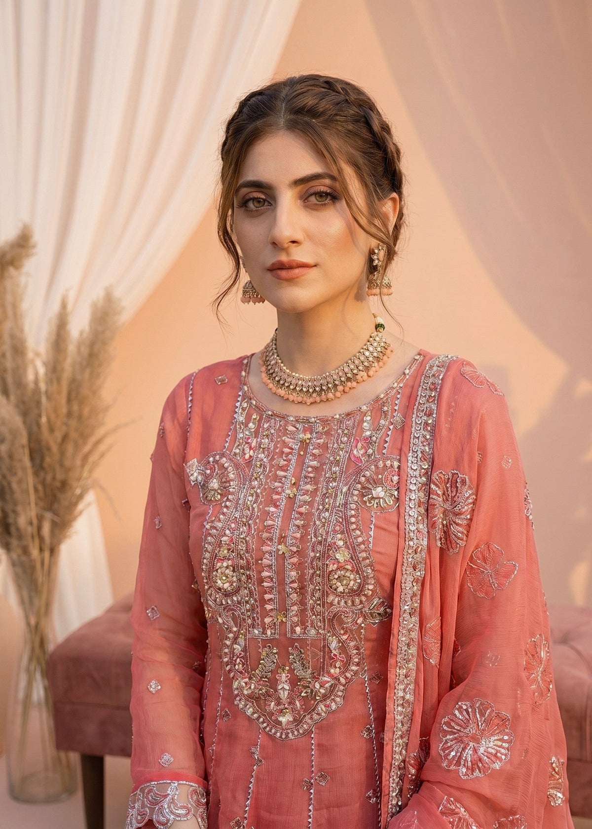 Festive Peach Pink Chiffon Pishwas Suit Online in Sri Lanka India Australia