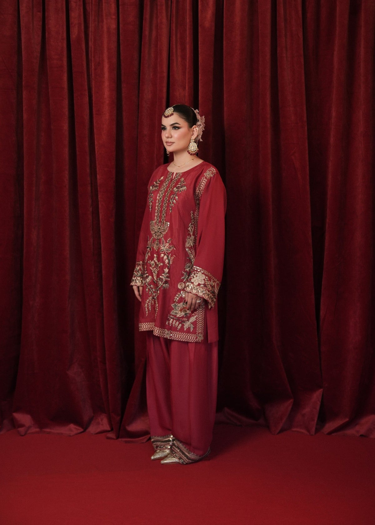 Festive Red Raw Silk Shalwar Kameez Online in UK USA Canada