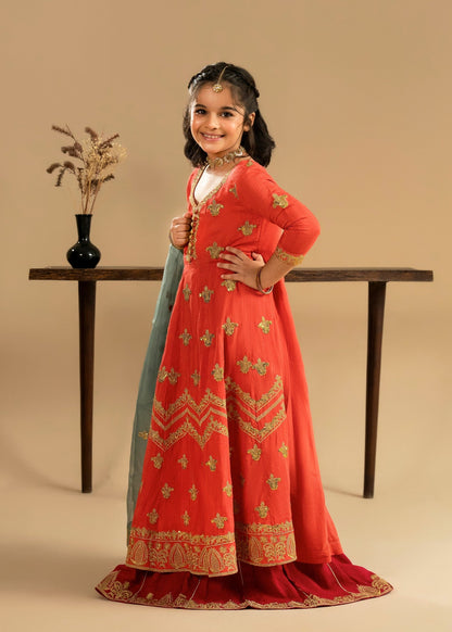 Girls Coral Pink Silk Pishwas Lehenga Online in Dubai UAE Abudhabi Ajman Sharjah