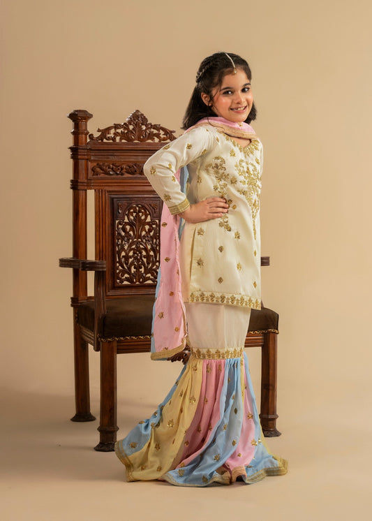 Girls Embroidered Ivory Gharara Pakistani Clothes For Mehndi Online in UK USA Canada