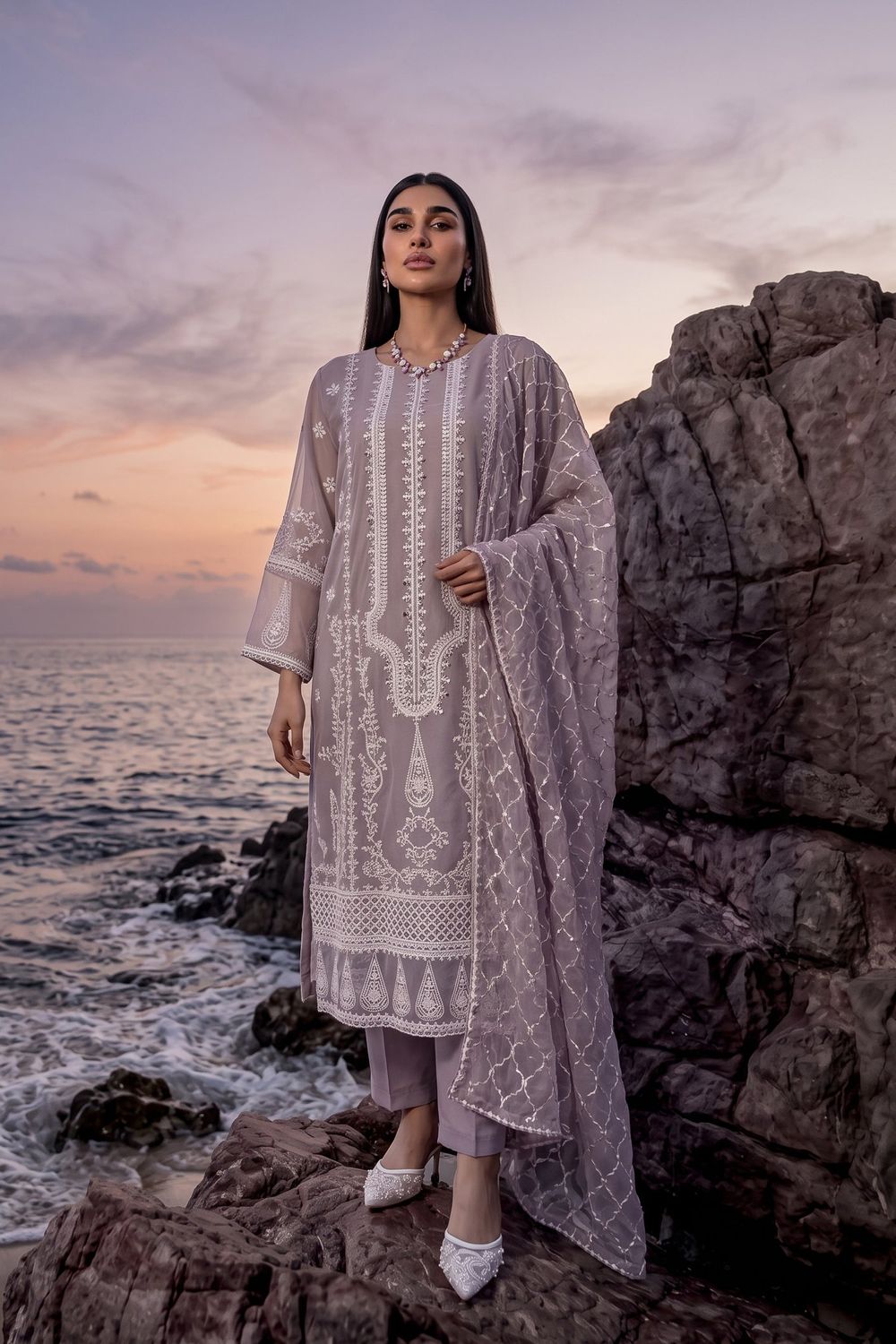 Grey Embroidered Chiffon Pakistani Suit Online in Dubai UAE Abudhabi Ajman Sharjah