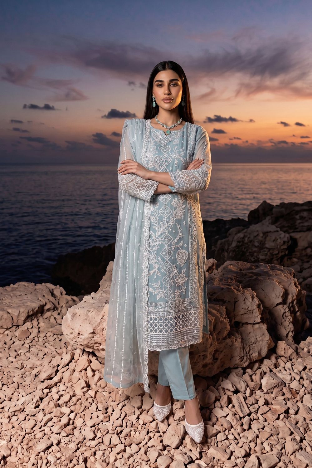 Ice Blue Embroidered Chiffon Partywear Suit Online in Dubai UAE Abudhabi Ajman Sharjah