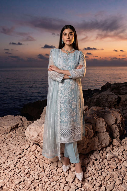Ice Blue Embroidered Chiffon Partywear Suit Online in Dubai UAE Abudhabi Ajman Sharjah
