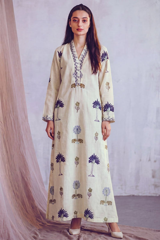 Ivory Embroidered Khaddar Kaftan Online in Dubai UAE Abudhabi Ajman Sharjah