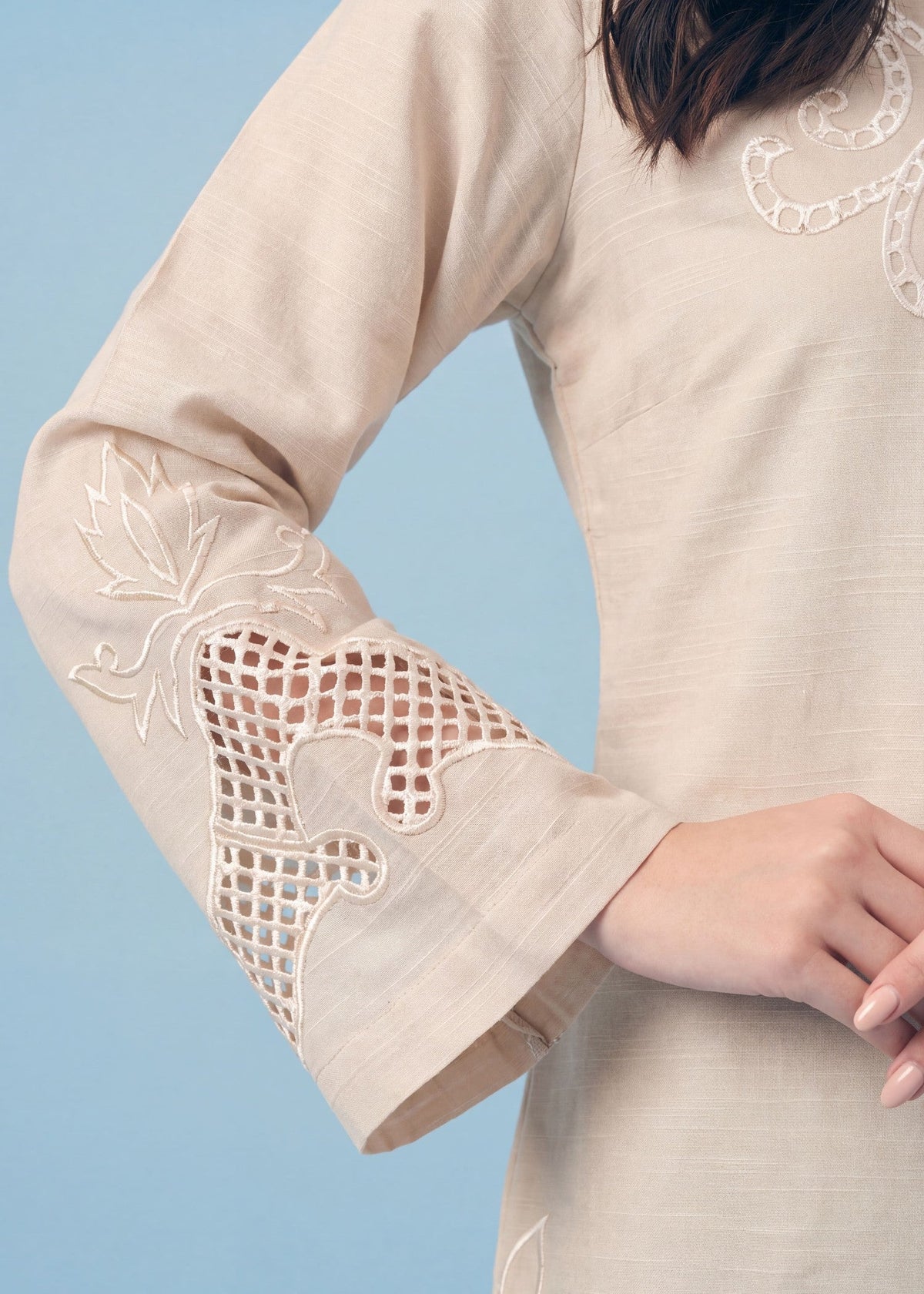 Ivory Embroidered Khaddar Kurta Set Online in Dubai DXB UAE Abudhabi Meena Bazaar