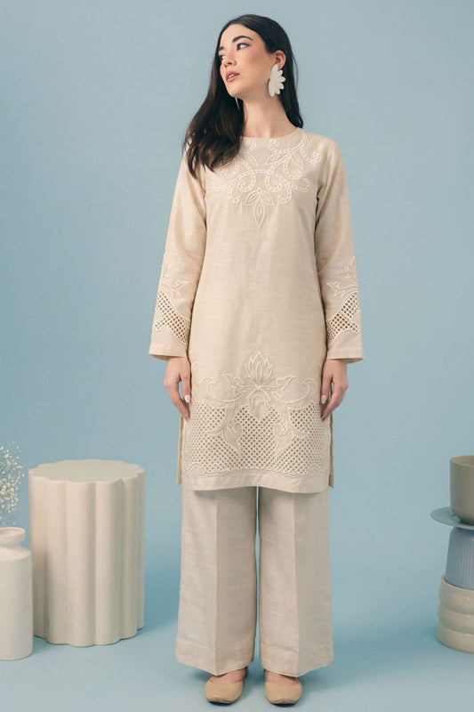 Ivory Embroidered Khaddar Kurta Set Online in Dubai UAE Abudhabi Ajman Sharjah