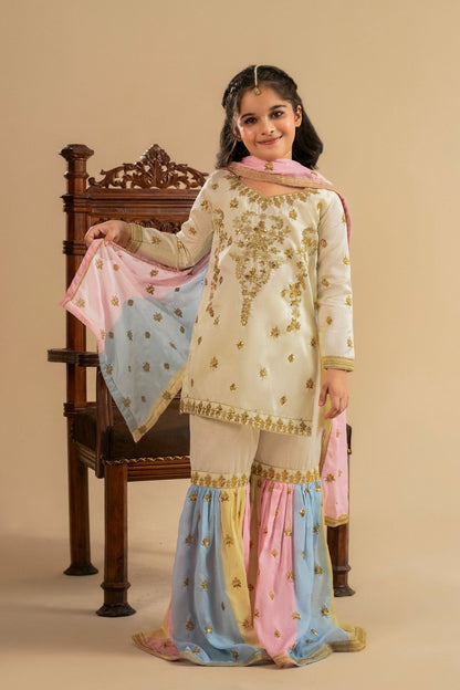 Ivory Embroidered Raw Silk Gharara for Mehndi Online in Dubai UAE Abudhabi Ajman Sharjah