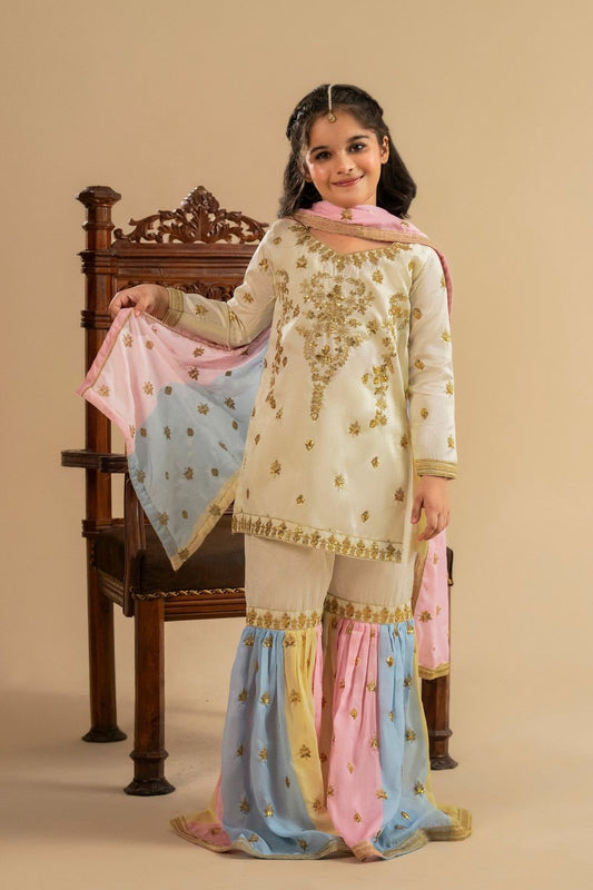 Ivory Embroidered Raw Silk Gharara for Mehndi Online in Dubai UAE Abudhabi Ajman Sharjah