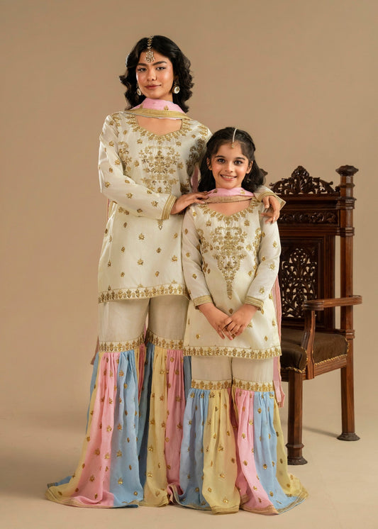 Ivory Raw Silk Embroidered Gharara Sharara Gharara Online in Sri Lanka India Australia