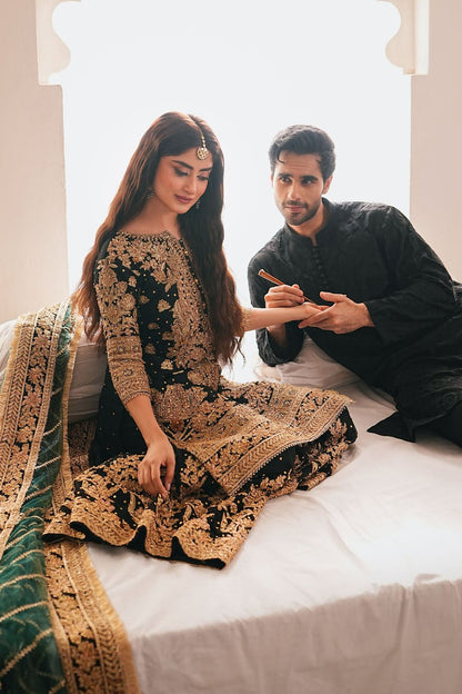 Jet Black Embroidered Chiffon Pakistani Suit Online in Dubai UAE Abudhabi Ajman Sharjah