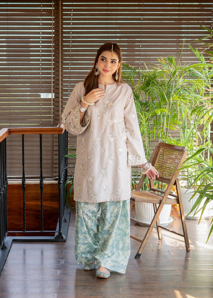 Ladies Beige Lawn Farshi Shalwar Pakistani Kurta Set Online in KSA Riyadh Saudi Arabia Oman Bahrain Qatar